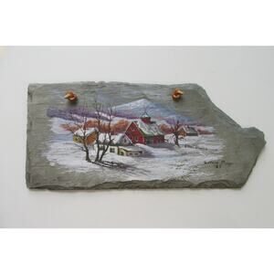 Hand Painted Slate-Winter Scene-Red Barn-Signed LaVonne Purdy '83